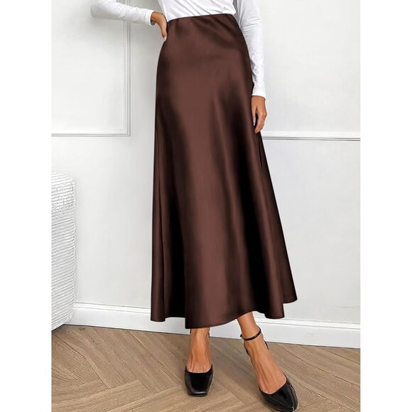 Women Deep Brown Maxi Dressy Casual Zipped High Waisted Silk Elegant Long Skirt - Picture 7 of 7